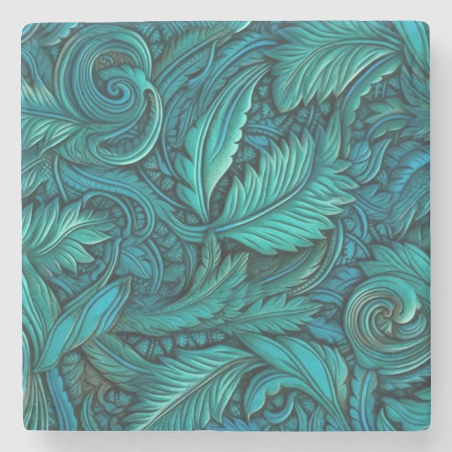 Embossed turquoise faux leather stone coaster (Front)