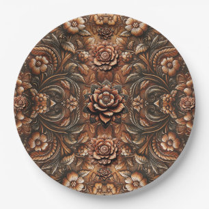 Embossed Vintage Floral Faux Leather Look Elegant Paper Plate