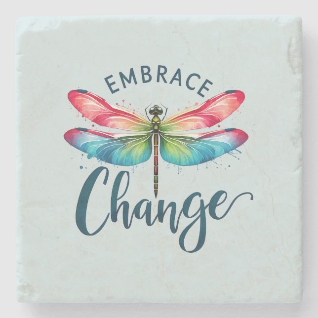 Embrace Change - Artistic Dragonfly Stone Coaster (Front)