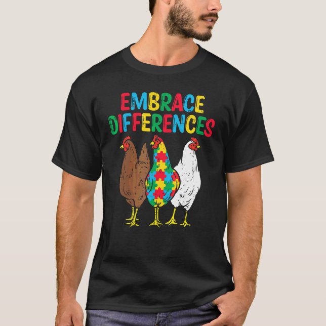 Embrace Differences 3 Chickens Puzzle Autism Aware T-Shirt (Front)