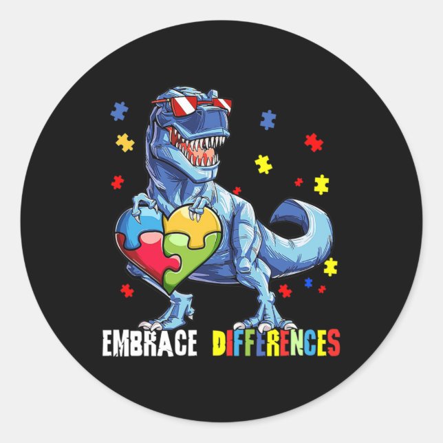 Embrace Differences Asd Spectrum Dinosaur Autism A Classic Round Sticker (Front)