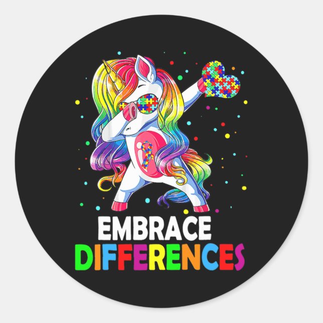 Embrace Differences Dabbing Unicorn Autism Awarene Classic Round Sticker (Front)