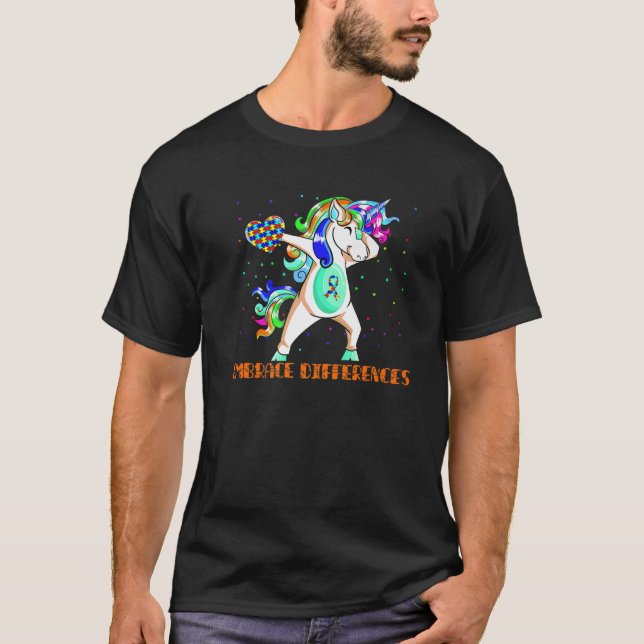 Embrace Differences Dabbing Unicorn Autism Awarene T-Shirt (Front)