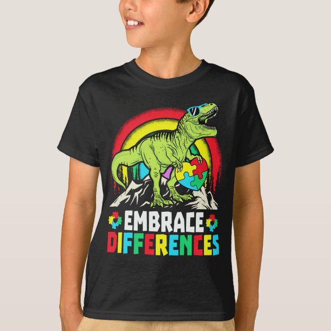 Embrace Differences T Rex Dinosaur Autism Awarenes T-Shirt (Front)
