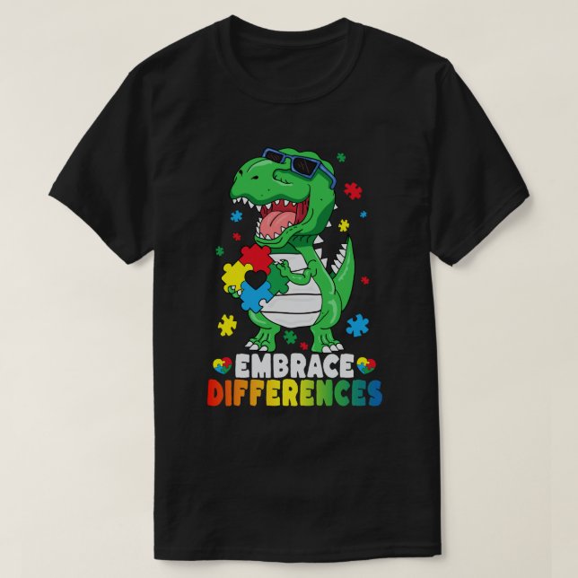 Embrace Differences T Rex Dinosaur Autism Awarenes T-Shirt (Design Front)
