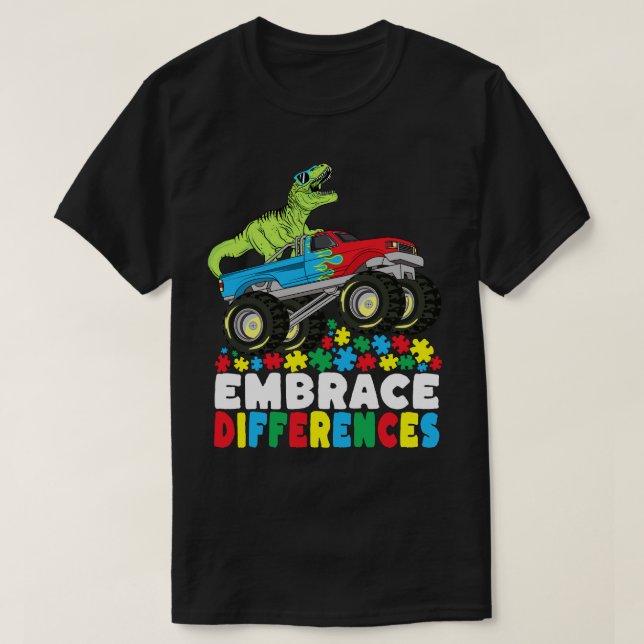 Embrace Differences T Rex Monster Truck Autism T-Shirt (Design Front)