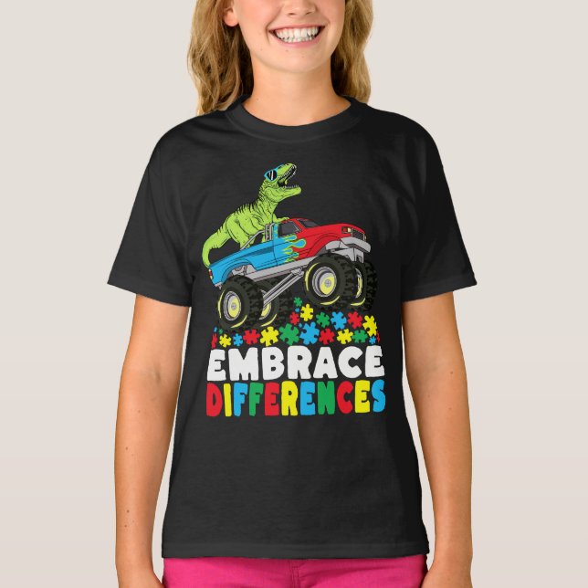 Embrace Differences T Rex Monster Truck Autism T-Shirt (Front)