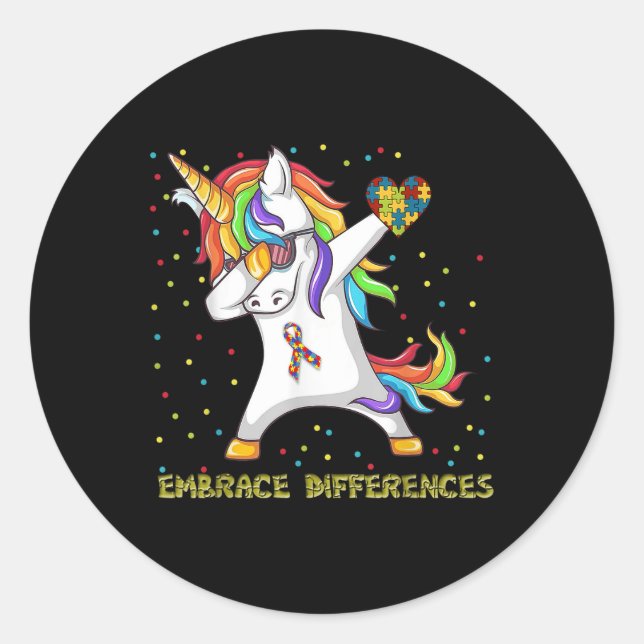 Embrace Differences Unicorn Dabbing Puzzle Autism  Classic Round Sticker (Front)
