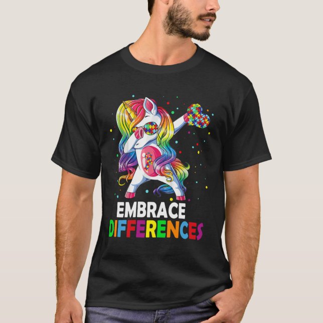 Embrace Differences Unicorn Dabbing Puzzle Autism  T-Shirt (Front)