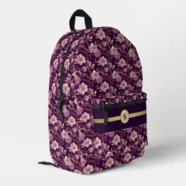Embrace Elegance: Personalised Purple & Gold Asian Printed Backpack (Back Corner Left)