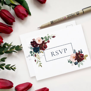 Embrace Floral Wedding RSVP   Burgundy Navy Blue Invitation Postcard