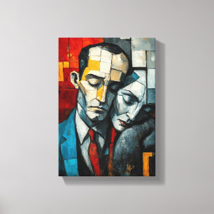 Embrace of Solitude - Abstract Cubist Couple Canvas Print