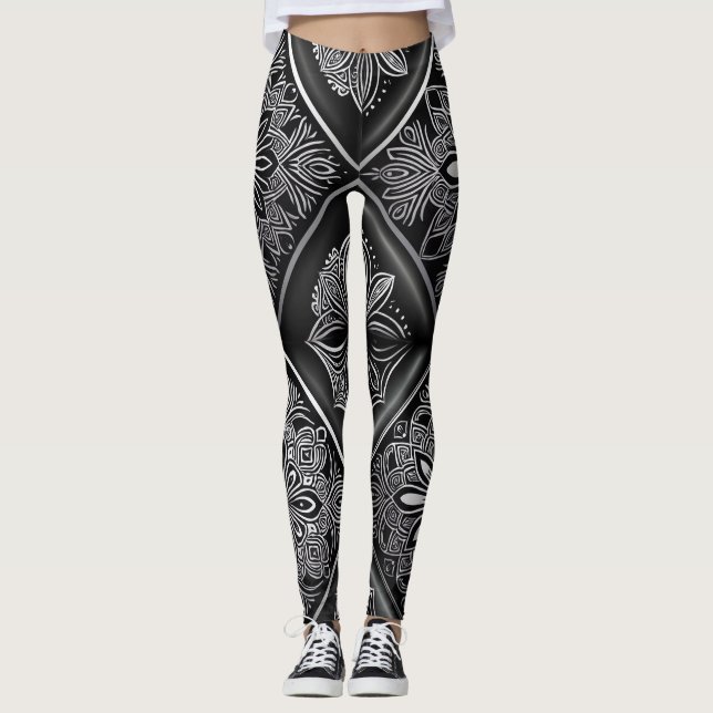 Embrace Serenity: Black and White Mandala  Leggings (Front)