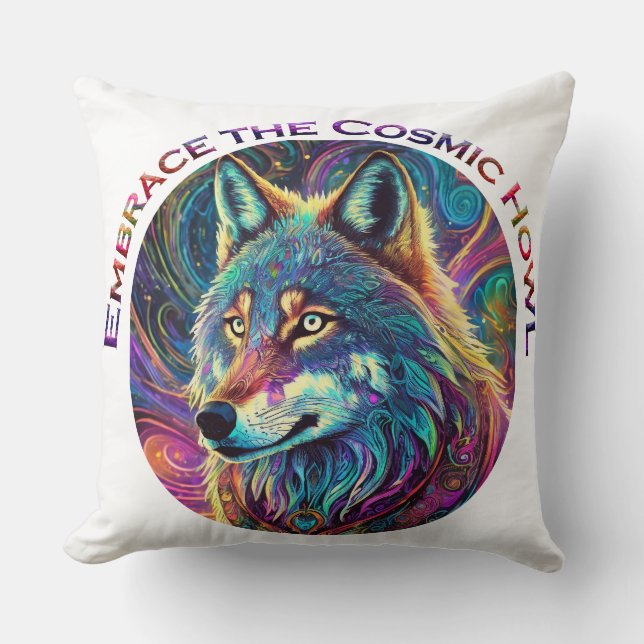 Embrace the Cosmic Howl Wolf Cushion (Front)