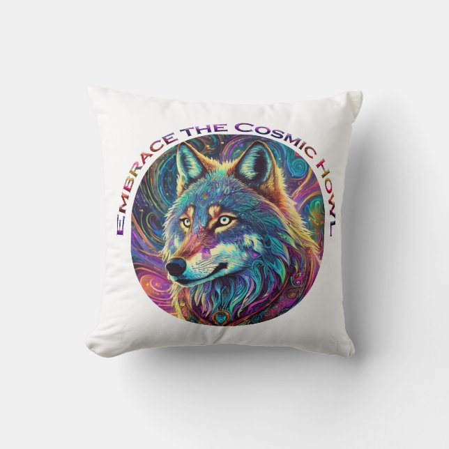 Embrace the Cosmic Howl Wolf Cushion (Front)