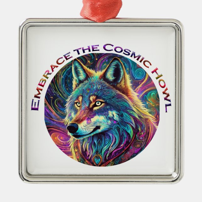 Embrace the Cosmic Howl Wolf Metal Tree Decoration (Front)