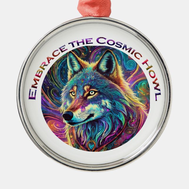 Embrace the Cosmic Howl Wolf Metal Tree Decoration (Front)