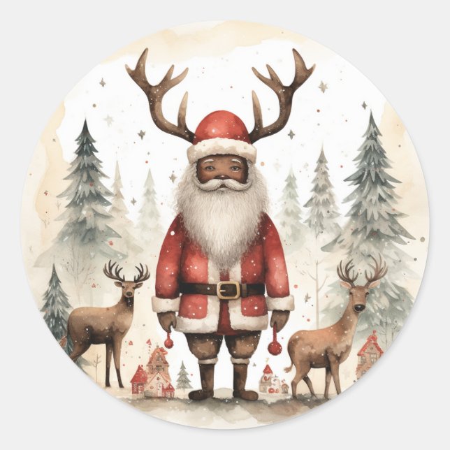 Embrace the Magic: Black Santa Joy Classic Round Sticker (Front)