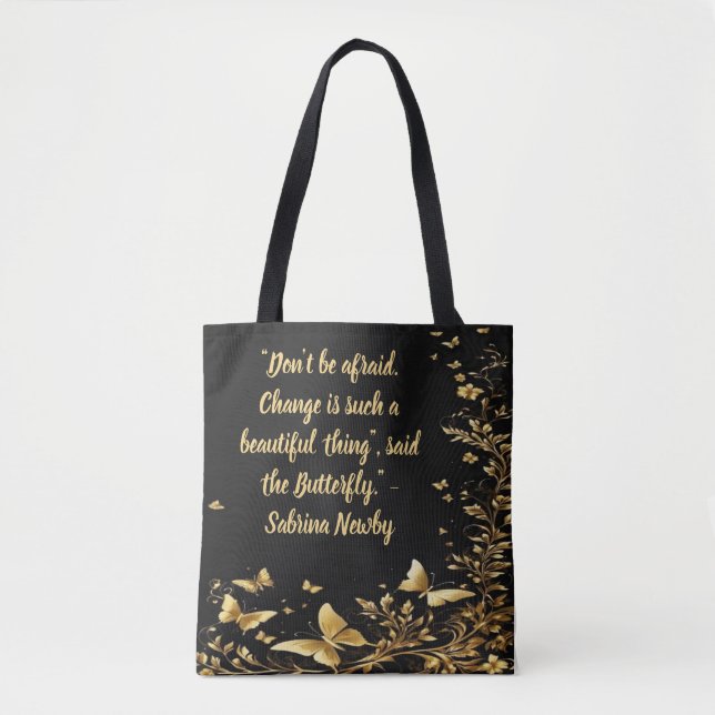 Embrace Transformation: Golden Flower & Butterfly  Tote Bag (Front)