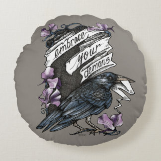 Embrace Your Demons (Raven with Sweet Peas) Round Cushion