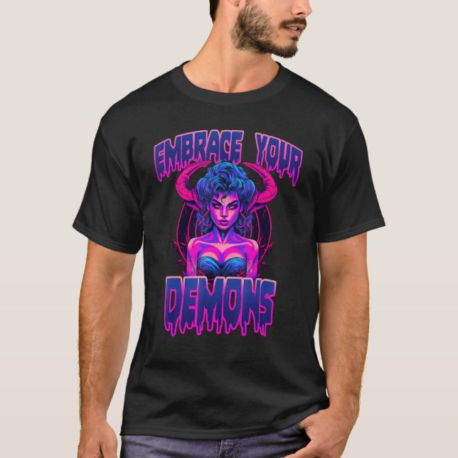 Embrace Your Inner Demon 80s Death Metal Succubus T-Shirt (Front)