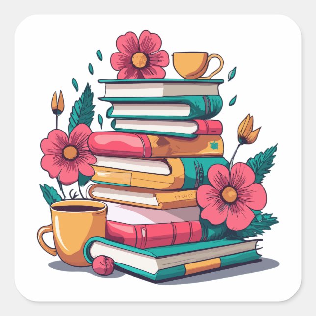 Embracing the Beauty of Flowery Books and Tea Square Sticker (Front)