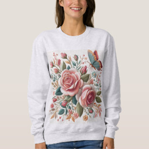 Embroidary digital print of pastel colour rose sweatshirt