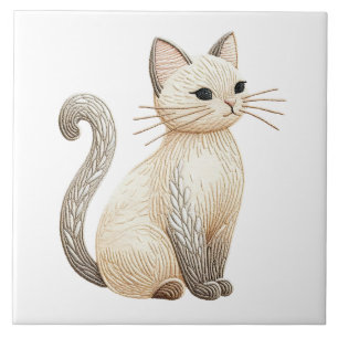 Embroidered Beige Kitty Boho Cat Ceramic Tile