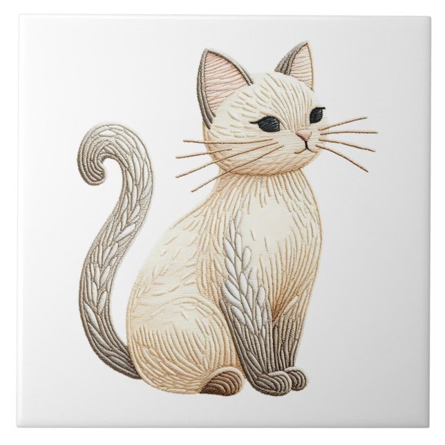 Embroidered Beige Kitty Boho Cat Ceramic Tile (Front)