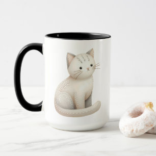 Embroidered Beige Kitty Boho Cat Mug
