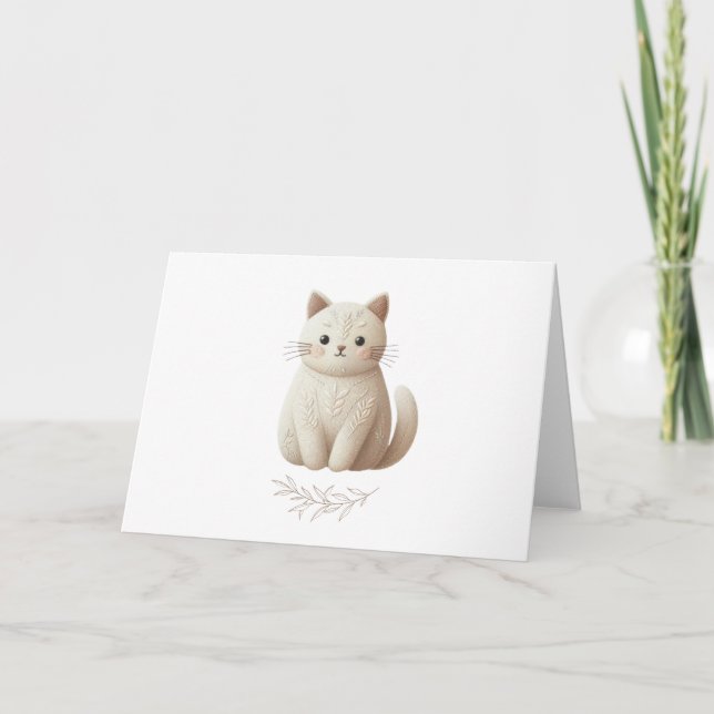 Embroidered Beige Kitty with Botanical Boho Detail Card (Front)