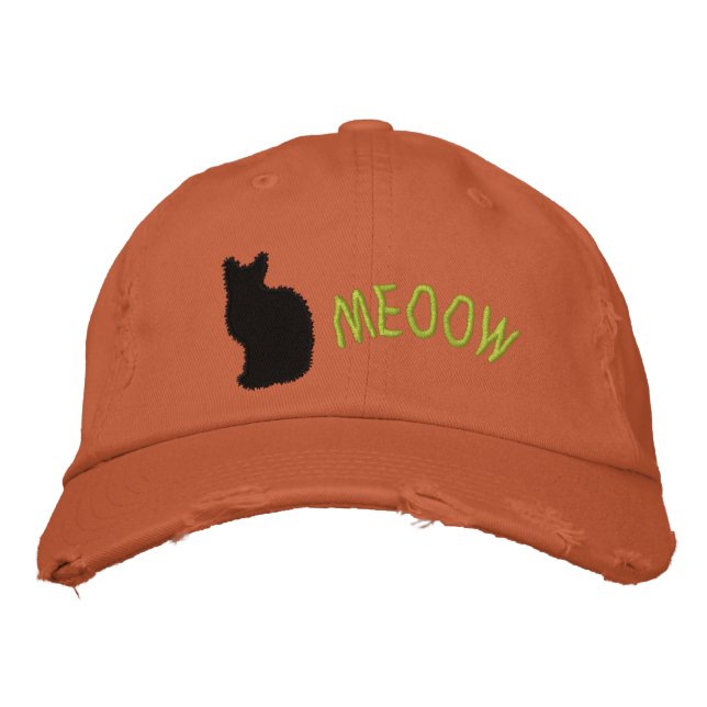 Embroidered  Black Cat Distressed Cap (Front)