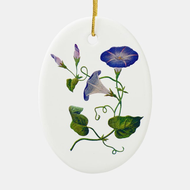 Embroidered Blue Morning Glories Ceramic Tree Decoration (Front)