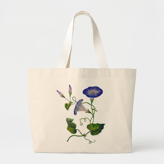 Embroidered Blue Morning Glories Large Tote Bag (Front)