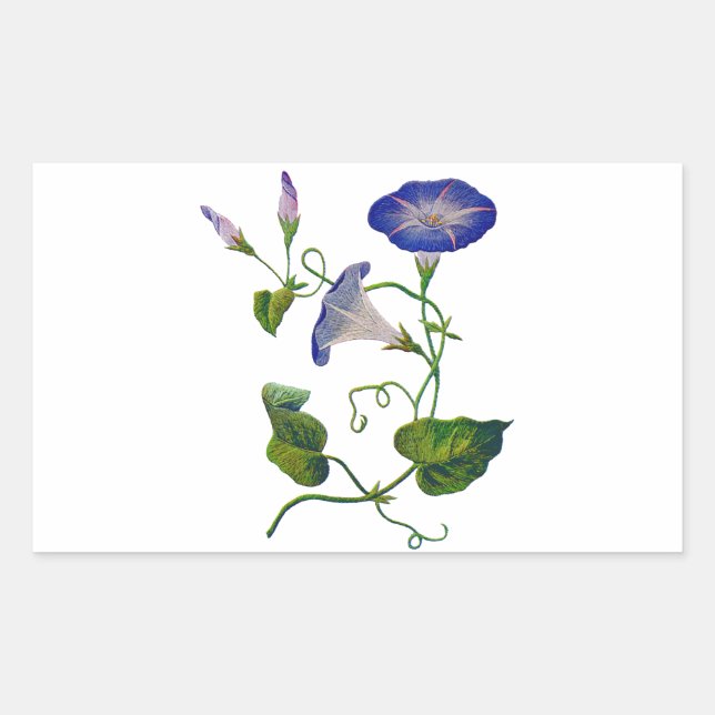 Embroidered Blue Morning Glories Rectangular Sticker (Front)