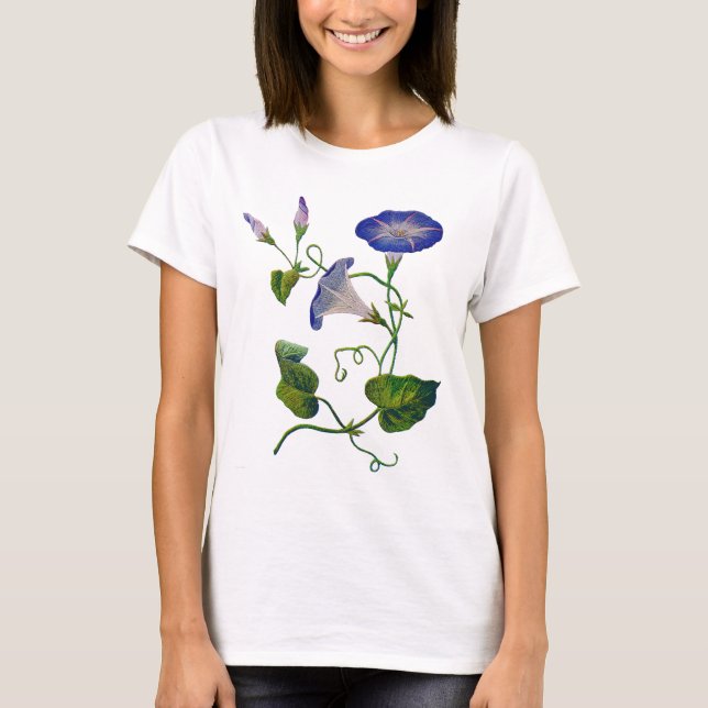 Embroidered Blue Morning Glories T-Shirt (Front)