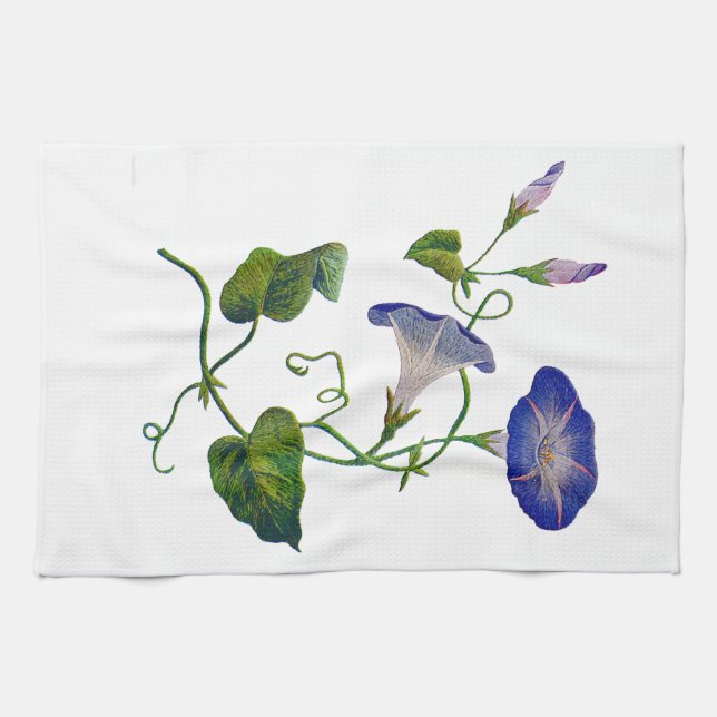 Embroidered Blue Morning Glories Tea Towel (Horizontal)