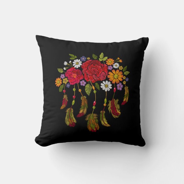 Embroidered Boho Feather Red Yellow Floral Black Cushion (Front)