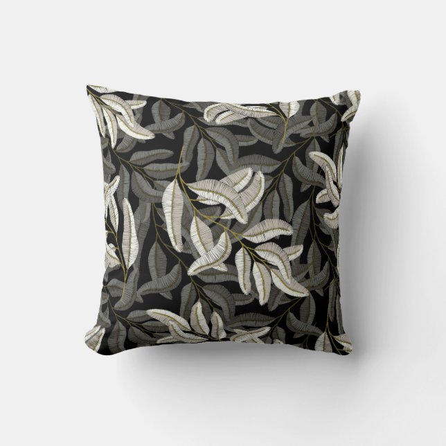 Embroidered branches: black-white print. cushion (Front)