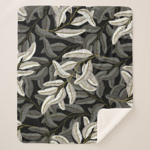 Embroidered branches: black-white print. sherpa blanket