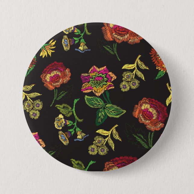 embroidered brooch with flowers on a black backgro 7.5 cm round badge (Front)