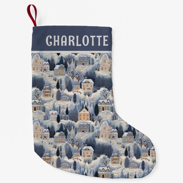 Embroidered Christmas Snowy Winter Homes Small Christmas Stocking (Front)