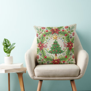 Embroidered Christmas Throw Pillow Festive Holiday