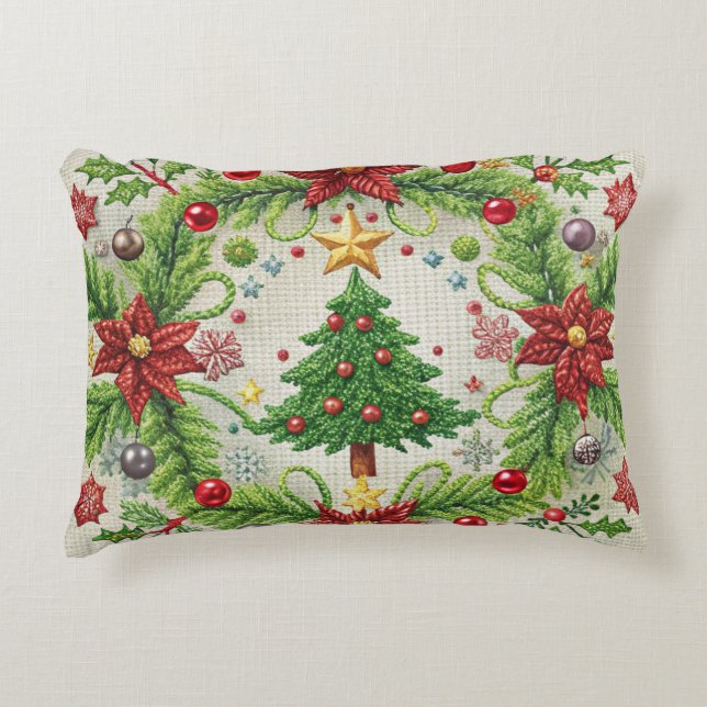Embroidered Christmas Throw Pillow Festive Holiday (Front)