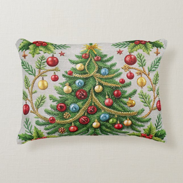 Embroidered Christmas Throw Pillow  Festive Holidy (Front)
