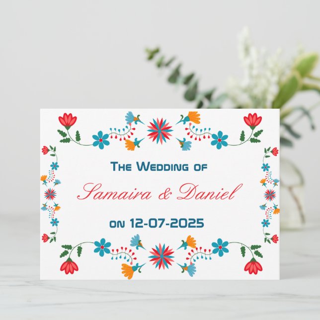 Embroidered Colourful Floral Design Wedding Invitation (Standing Front)