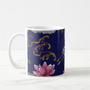 Embroidered cranes and flowers, vintage seamless p coffee mug
