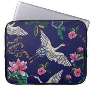 Embroidered cranes and flowers, vintage seamless p laptop sleeve