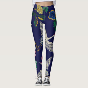 Embroidered cranes and flowers, vintage seamless p leggings