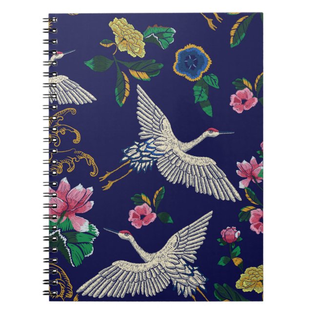 Embroidered cranes and flowers, vintage seamless p notebook (Front)